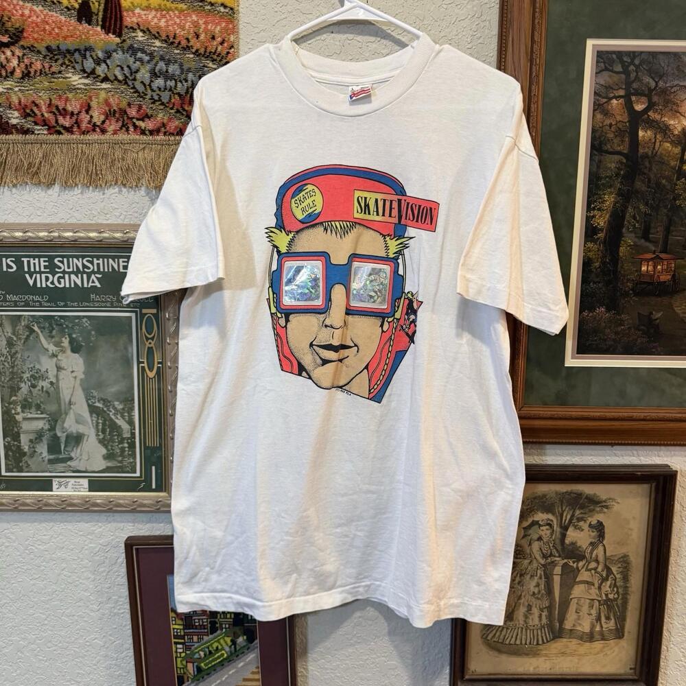 Vintage 80s RARE Vision Skateboards Skate Vision Holographic Logo Shirt‎ Size L